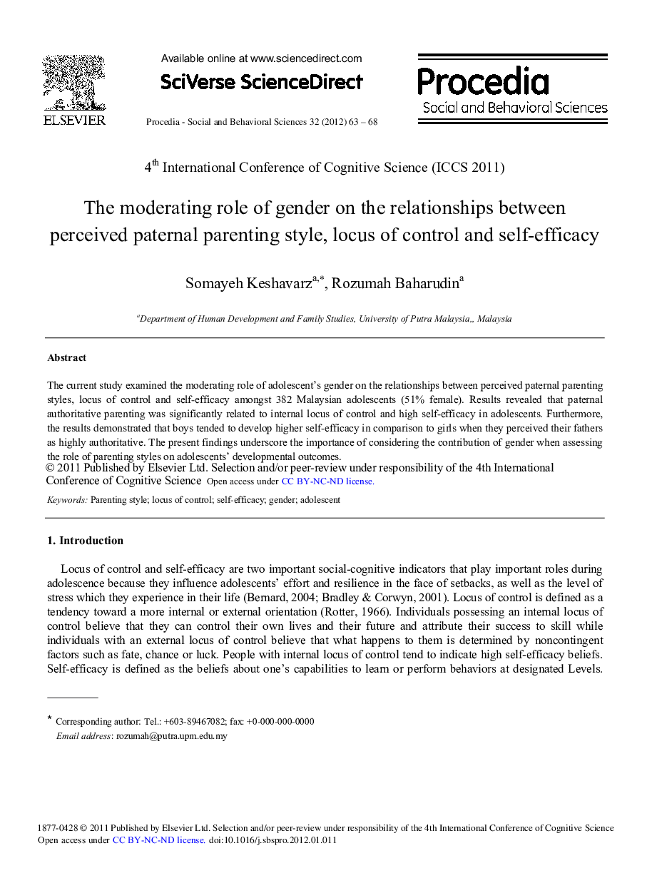 The moderating role of gender on the relationships between perceived paternal parenting style, locus of control and self-efficacy