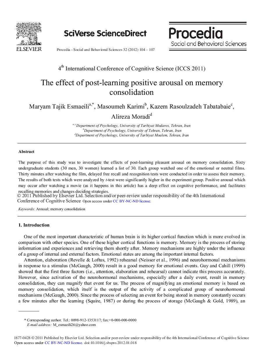 The effect of post-learning positive arousal on memory consolidation