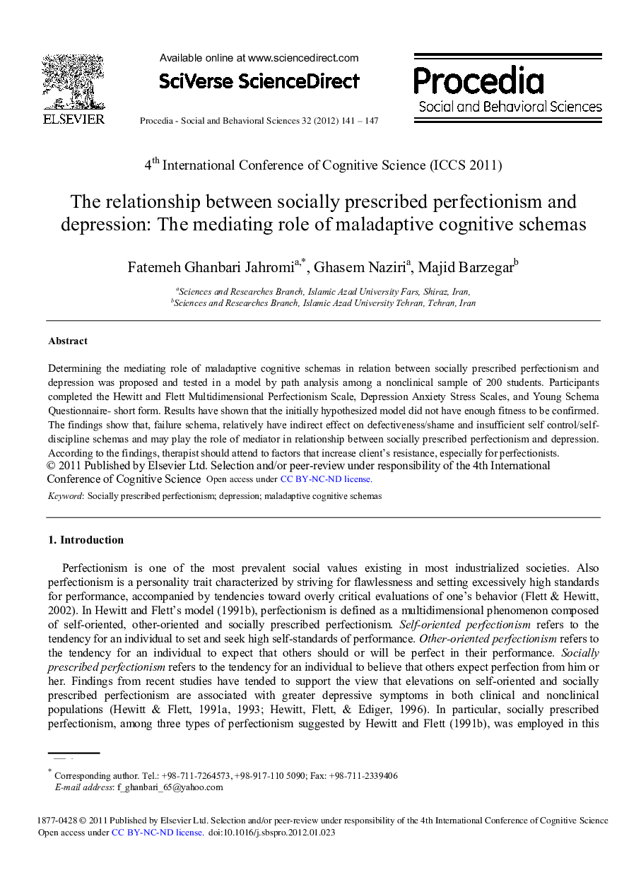 The relationship between socially prescribed perfectionism and depression: The mediating role of maladaptive cognitive schemas