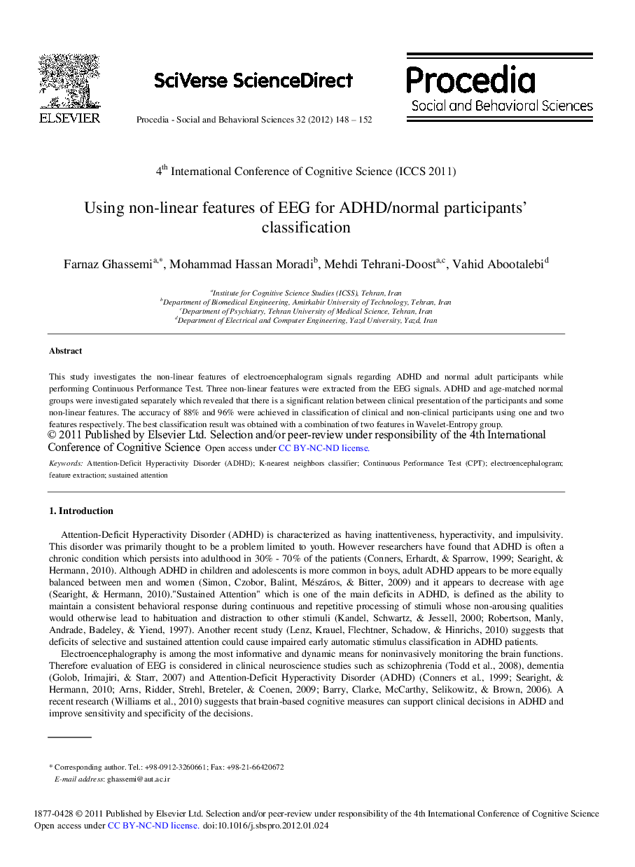 Using non-linear features of EEG for ADHD/normal participants’ classification