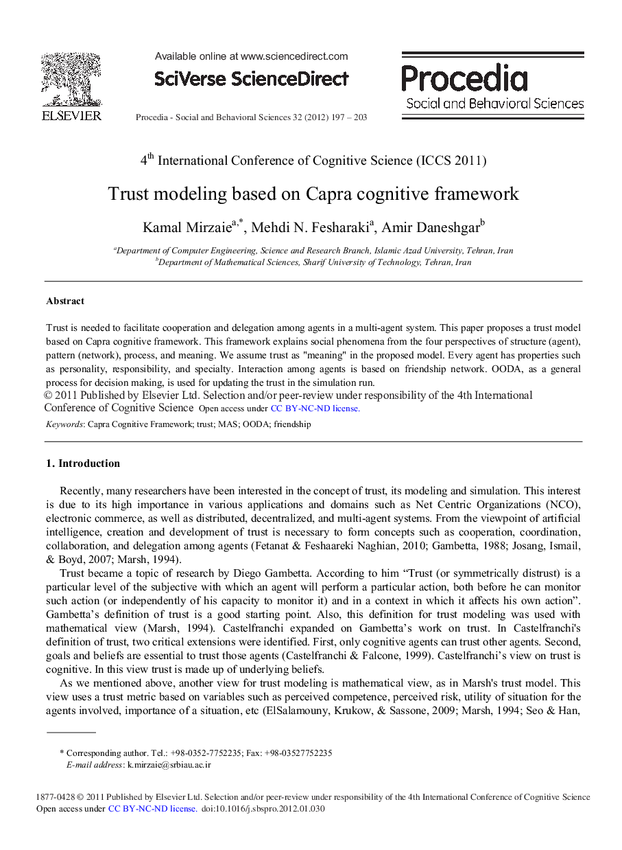 Trust modeling based on Capra cognitive framework