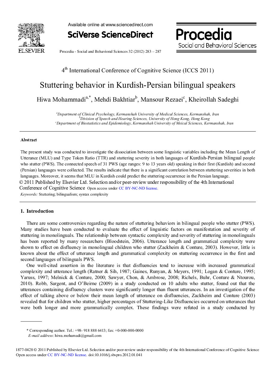 Stuttering behavior in Kurdish-Persian bilingual speakers