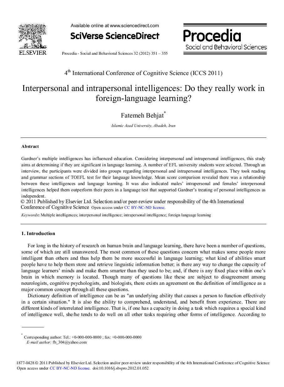 Interpersonal and intrapersonal intelligences: Do they really work in foreign-language learning?