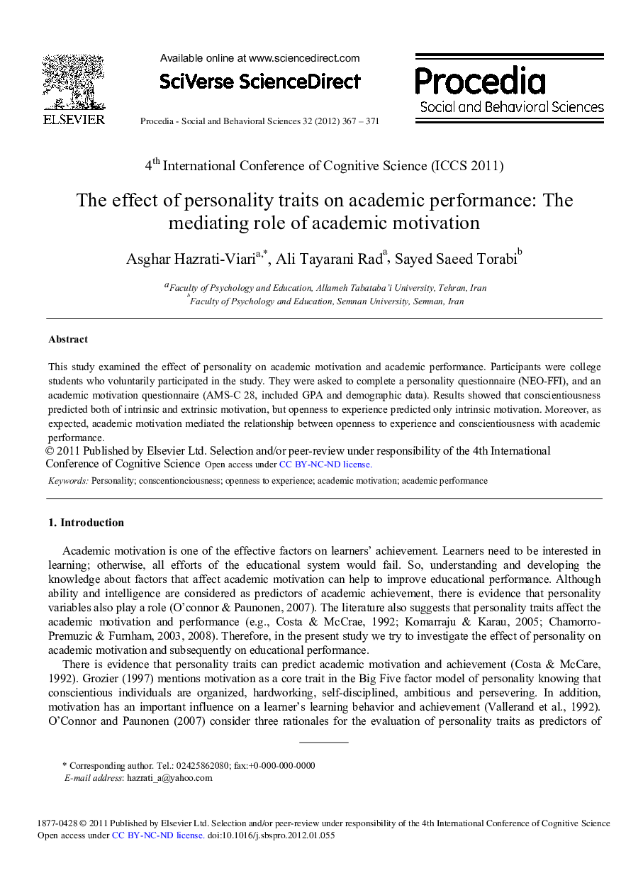 The effect of personality traits on academic performance: The mediating role of academic motivation