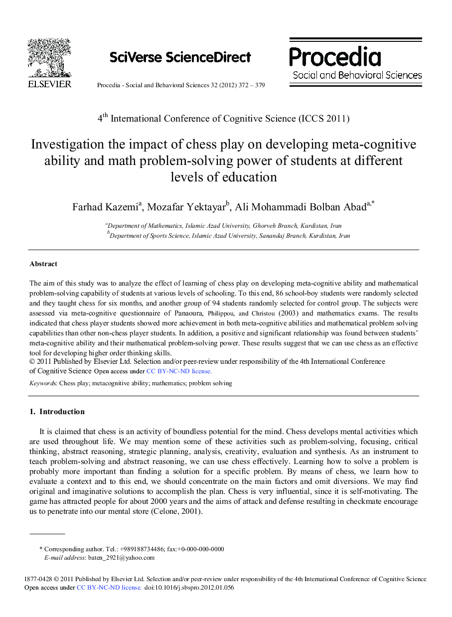 Investigation the impact of chess play on developing meta-cognitive ability and math problem-solving power of students at different levels of education