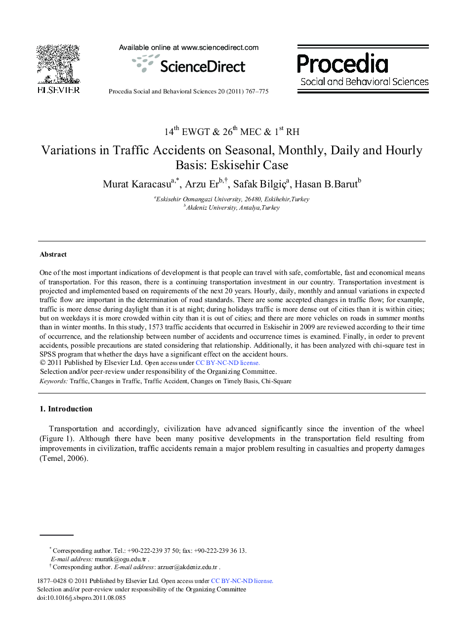 عکس صفحه اول مقاله: Variations in Traffic Accidents on Seasonal, Monthly, Daily and Hourly Basis: Eskisehir Case Variations in Traffic Accidents on Seasonal, Monthly, Daily and Hourly Basis: Eskisehir Case