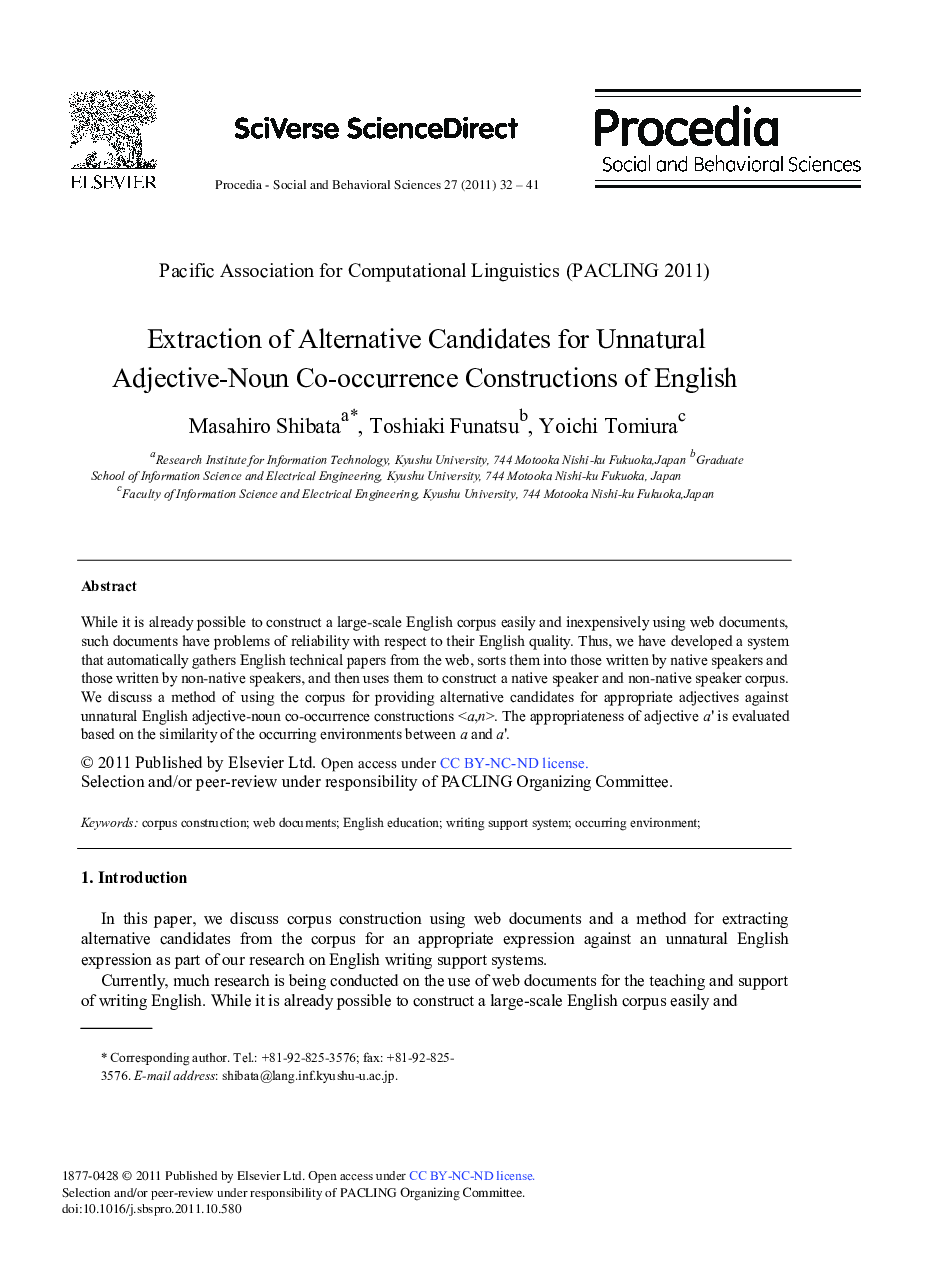 Extraction of Alternative Candidates for Unnatural Adjective-Noun Co-occurrence Constructions of English