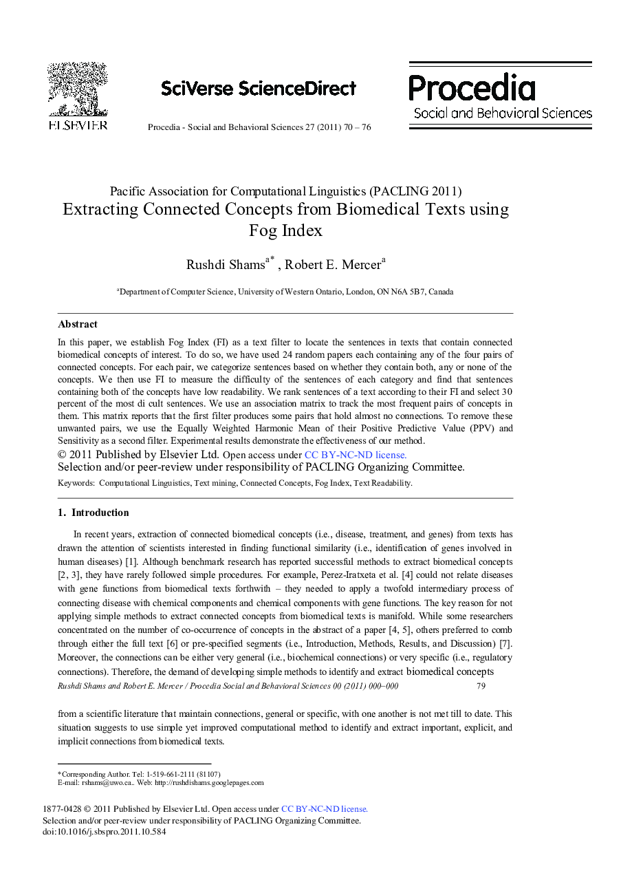 Extracting Connected Concepts from Biomedical Texts using Fog Index