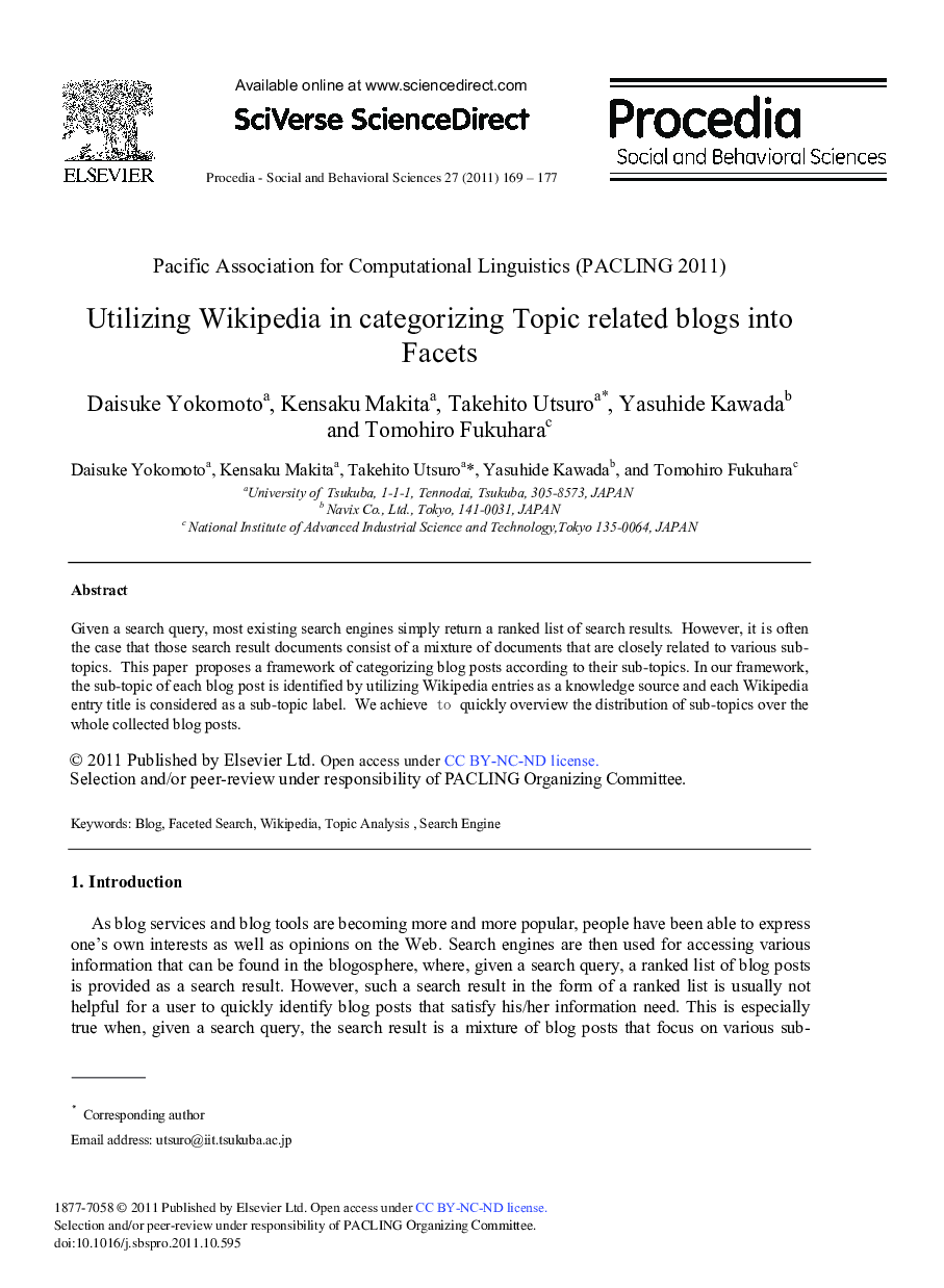 Utilizing Wikipedia in Categorizing Topic Related Blogs into Facets