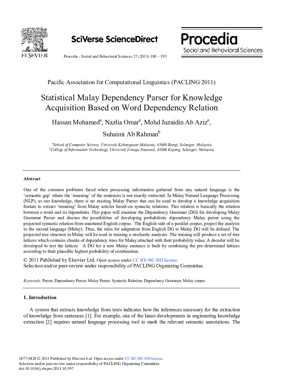 Statistical Malay Dependency Parser for Knowledge Acquisition Based on Word Dependency Relation