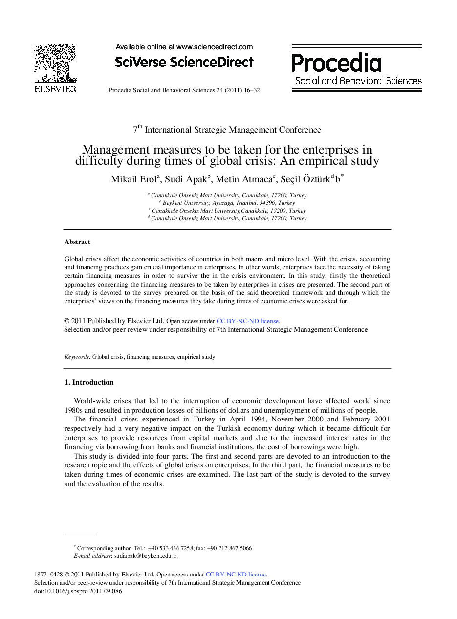 Management measures to be taken for the enterprises in difficulty during times of global crisis: An empirical study