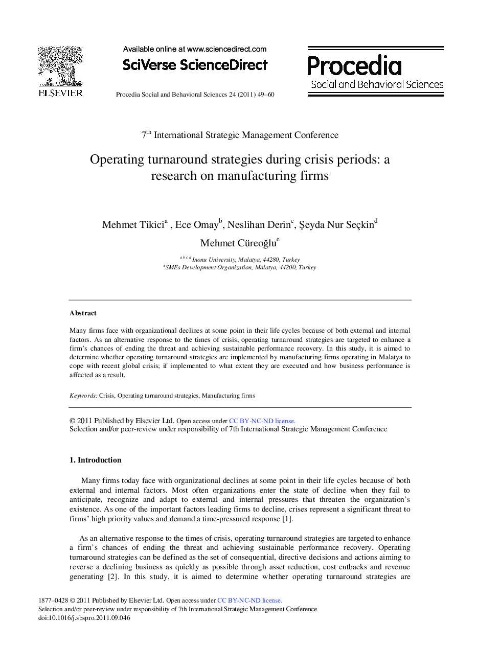 Operating turnaround strategies during crisis periods: a research on manufacturing firms