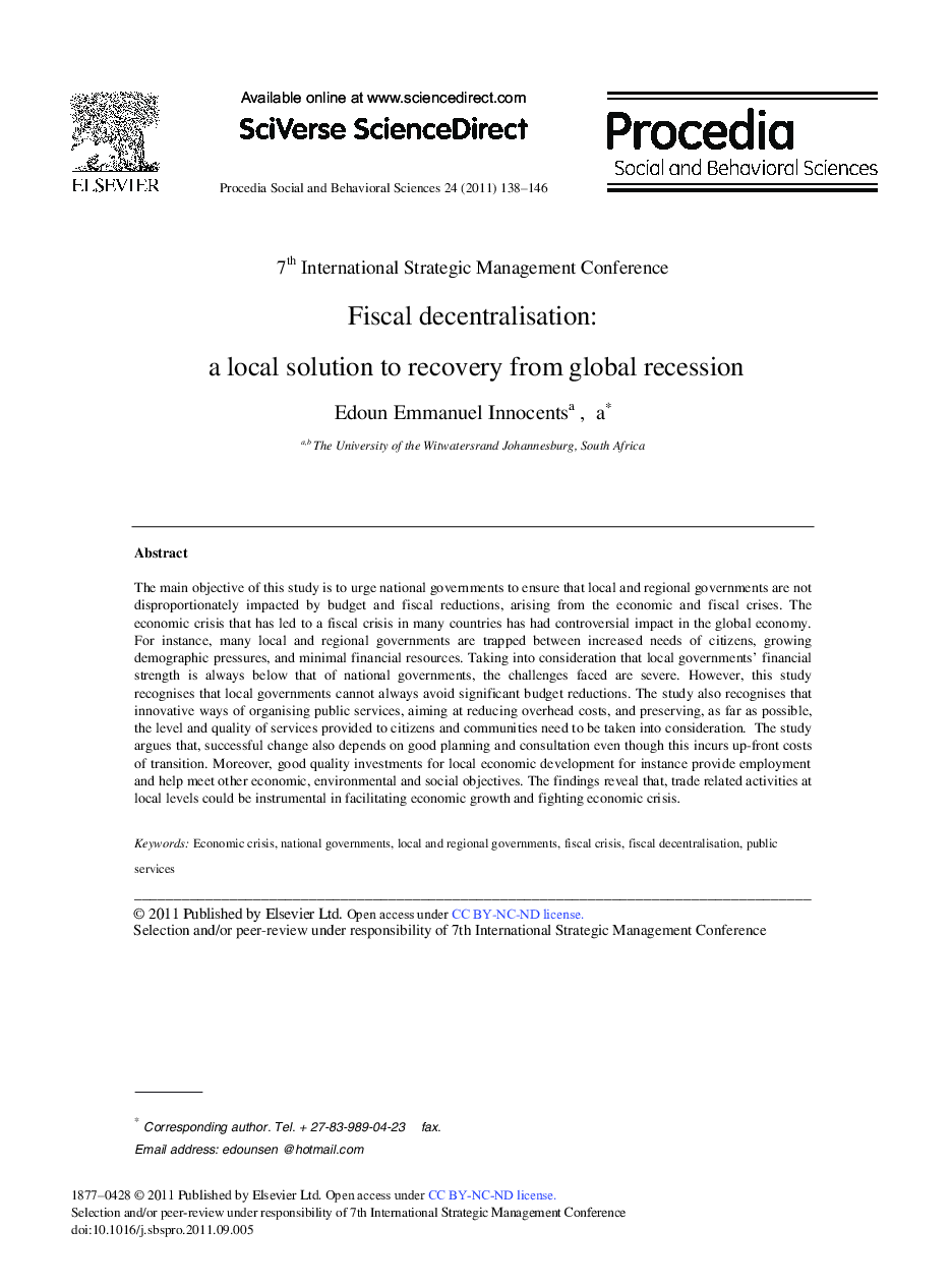 Fiscal decentralisation: a local solution to recovery from global recession