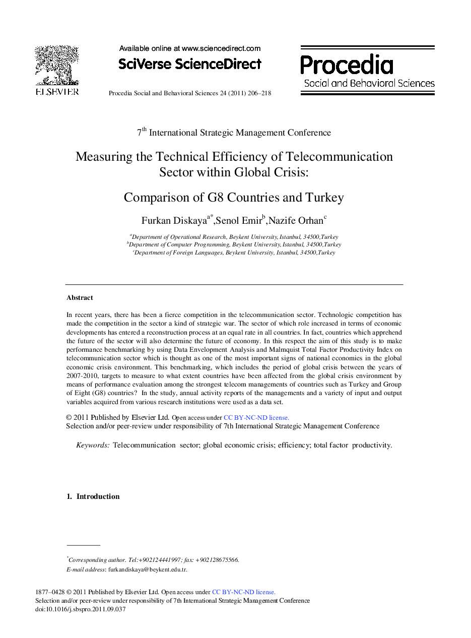 Measuring the Technical Efficiency of Telecommunication Sector within Global Crisis: Comparison of G8 Countries and Turkey