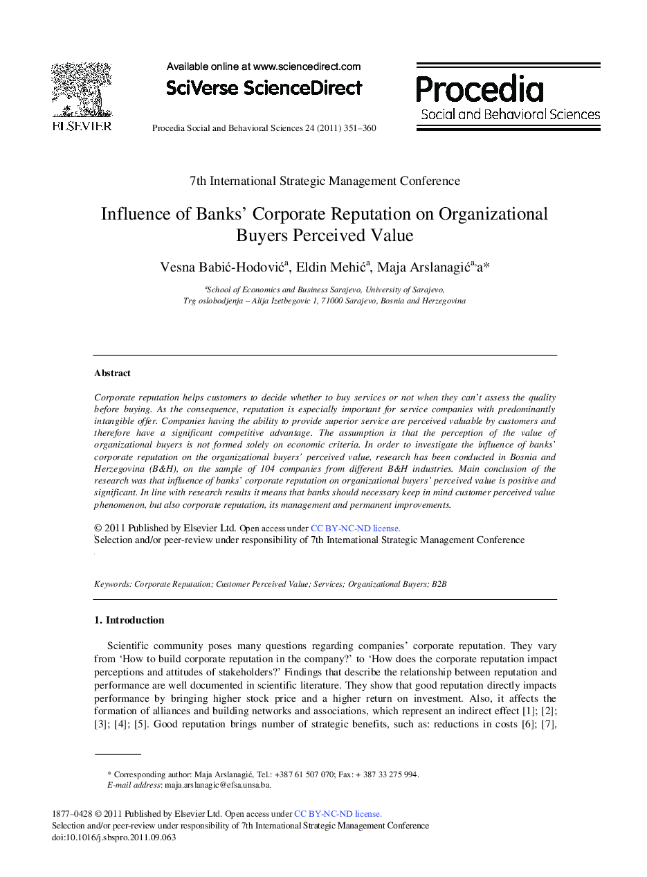 Influence of Banks’ Corporate Reputation on Organizational Buyers Perceived Value