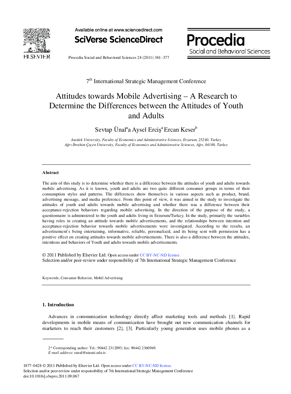 Attitudes towards Mobile Advertising – A Research to Determine the Differences between the Attitudes of Youth and Adults