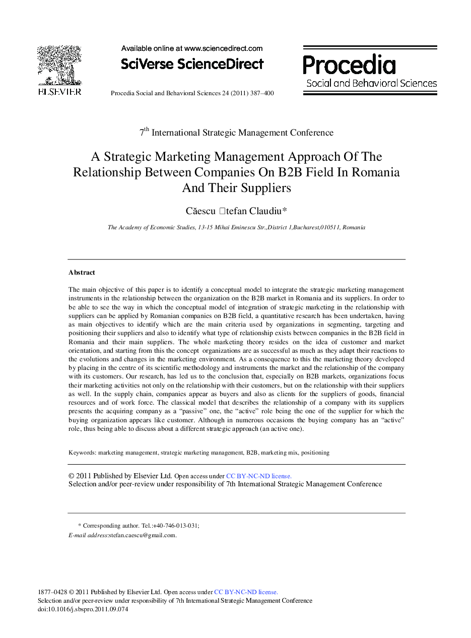 A Strategic Marketing Management Approach Of The Relationship Between Companies On B2B Field In Romania And Their Suppliers