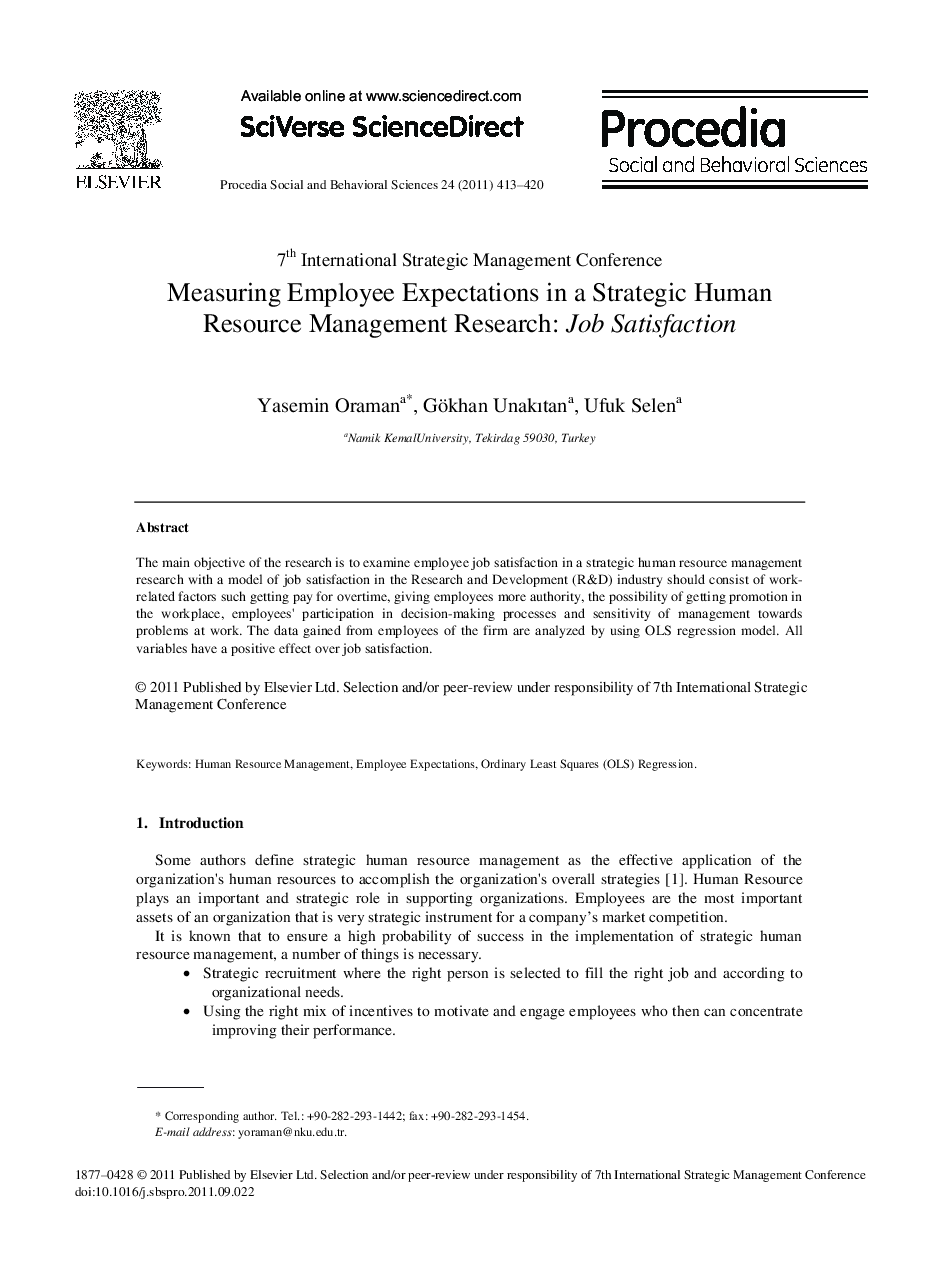 Measuring Employee Expectations in a Strategic Human Resource Management Research: Job Satisfaction