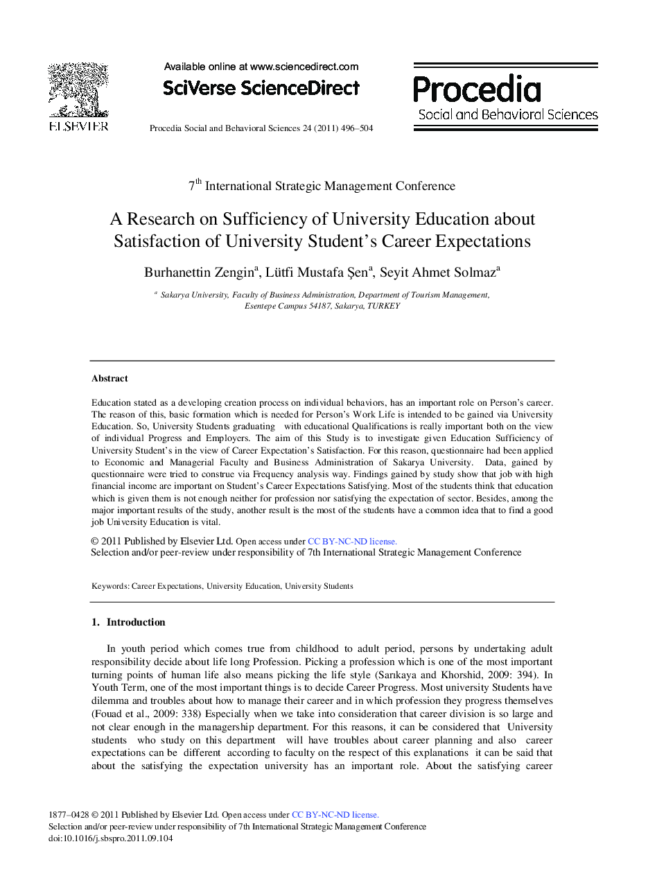 A Research on Sufficiency of University Education about Satisfaction of University Student's Career Expectations