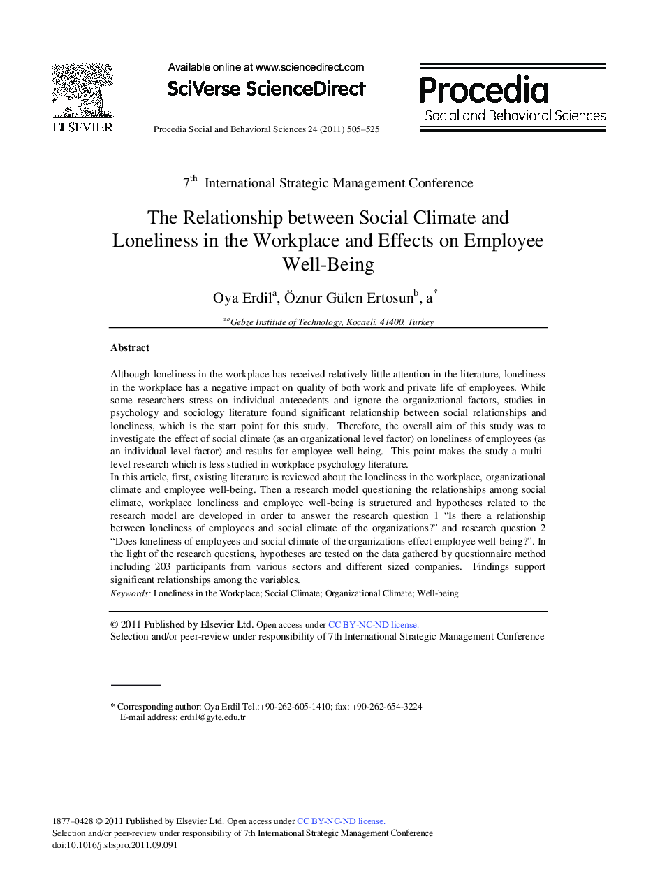 The Relationship between Social Climate and Loneliness in the Workplace and Effects on Employee Well-Being