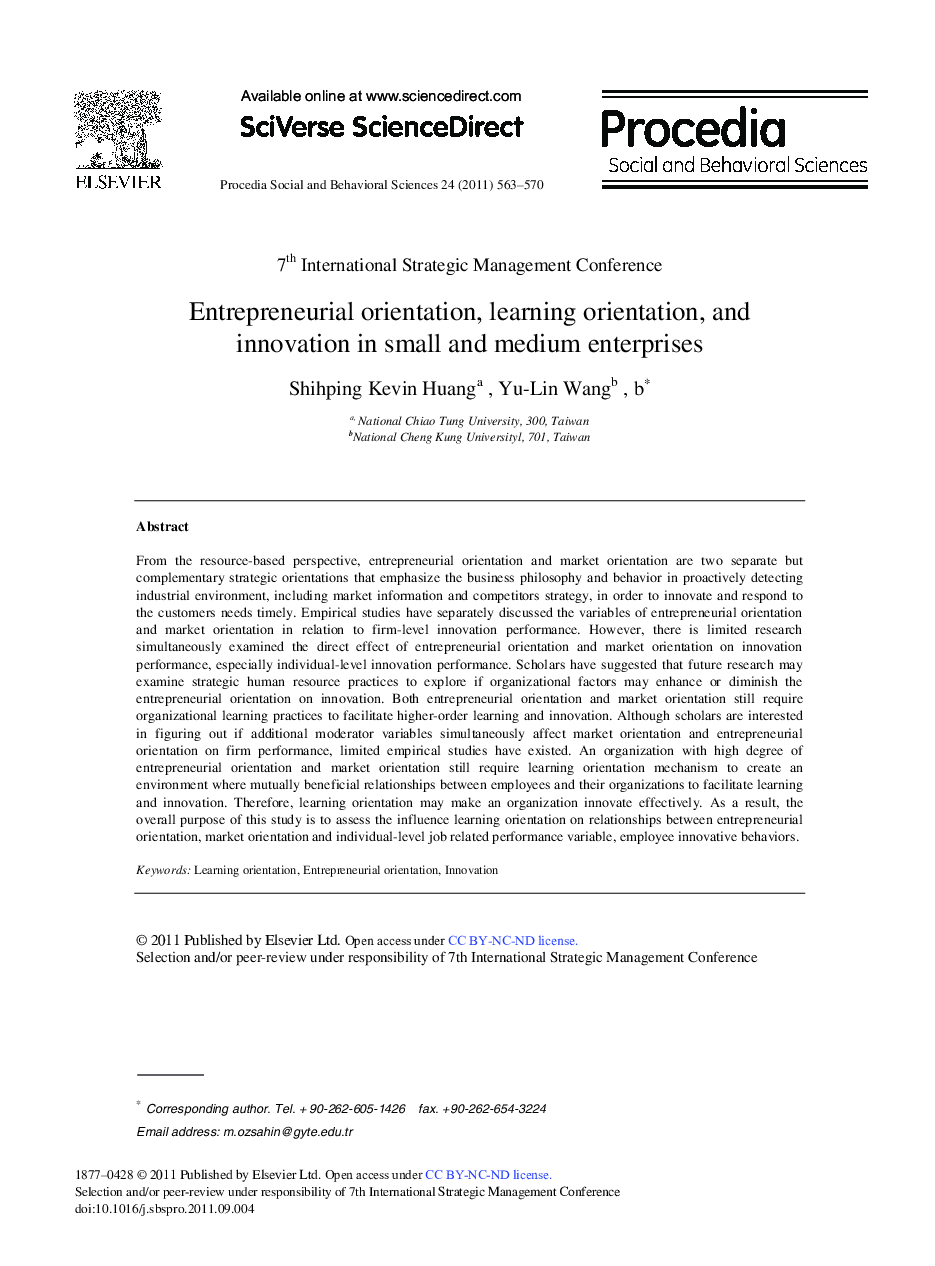 Entrepreneurial orientation, learning orientation, and innovation in small and medium enterprises