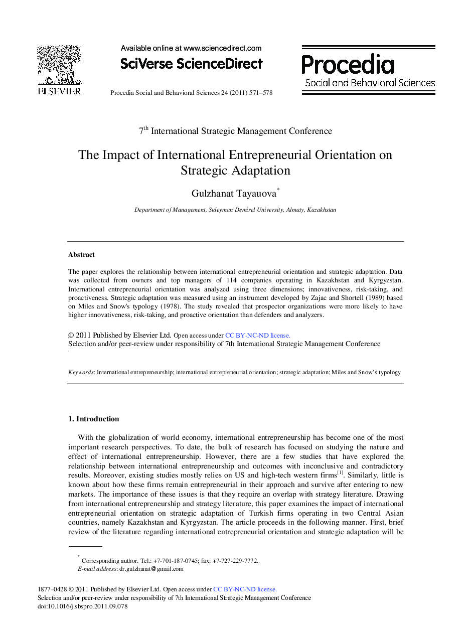 The Impact of International Entrepreneurial Orientation on Strategic Adaptation