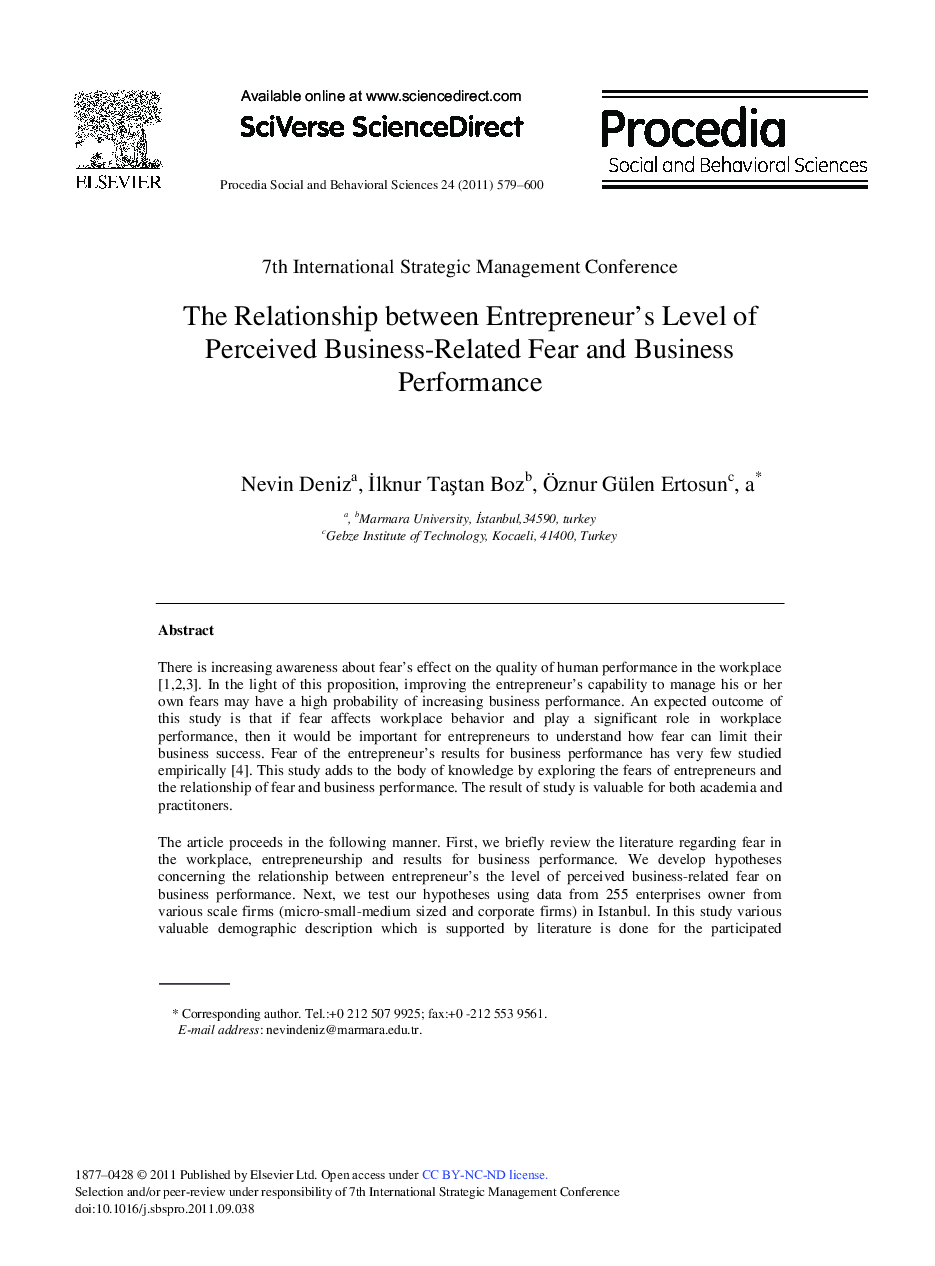 The Relationship between Entrepreneur's Level of Perceived Business-Related Fear and Business Performance