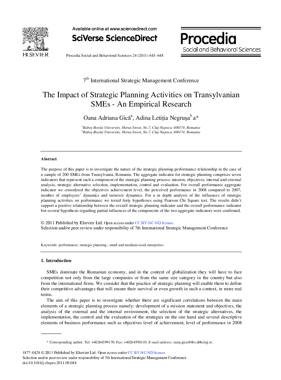 The Impact of Strategic Planning Activities on Transylvanian SMEs - An Empirical Research