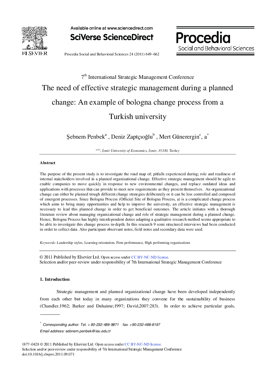 The need of effective strategic management during a planned change: An example of bologna change process from a Turkish university