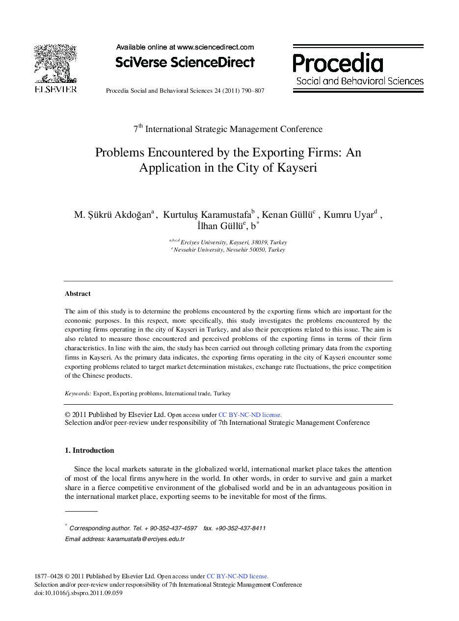 Problems Encountered by the Exporting Firms: An Application in the City of Kayseri