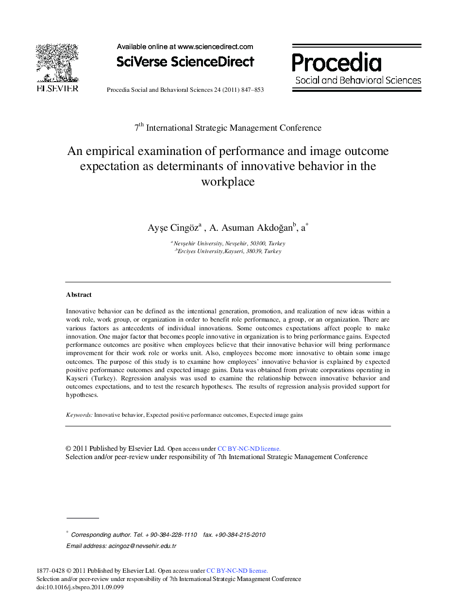 An empirical examination of performance and image outcome expectation as determinants of innovative behavior in the workplace