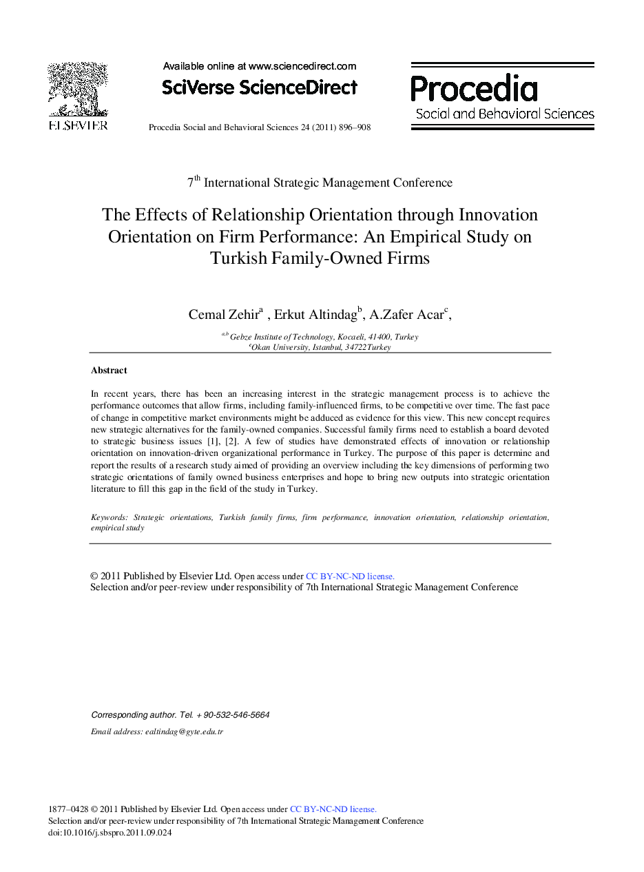 The Effects of Relationship Orientation through Innovation Orientation on Firm Performance: An Empirical Study on Turkish Family-Owned Firms