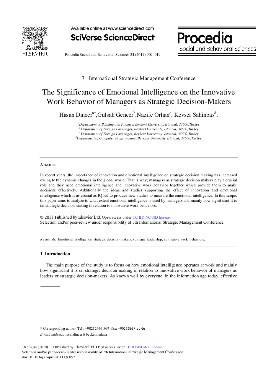 The Significance of Emotional Intelligence on the Innovative Work Behavior of Managers as Strategic Decision-Makers