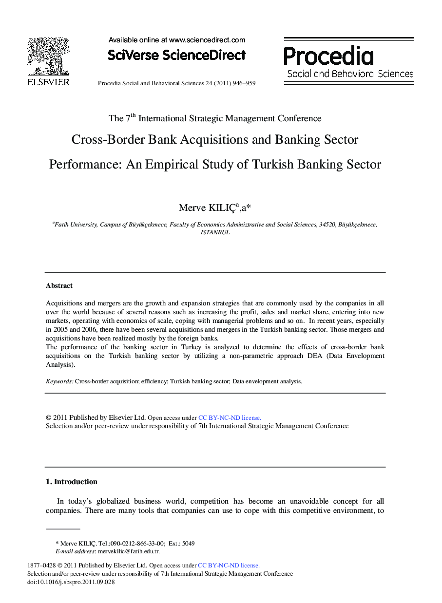 Cross-Border Bank Acquisitions and Banking Sector Performance: An Empirical Study of Turkish Banking Sector