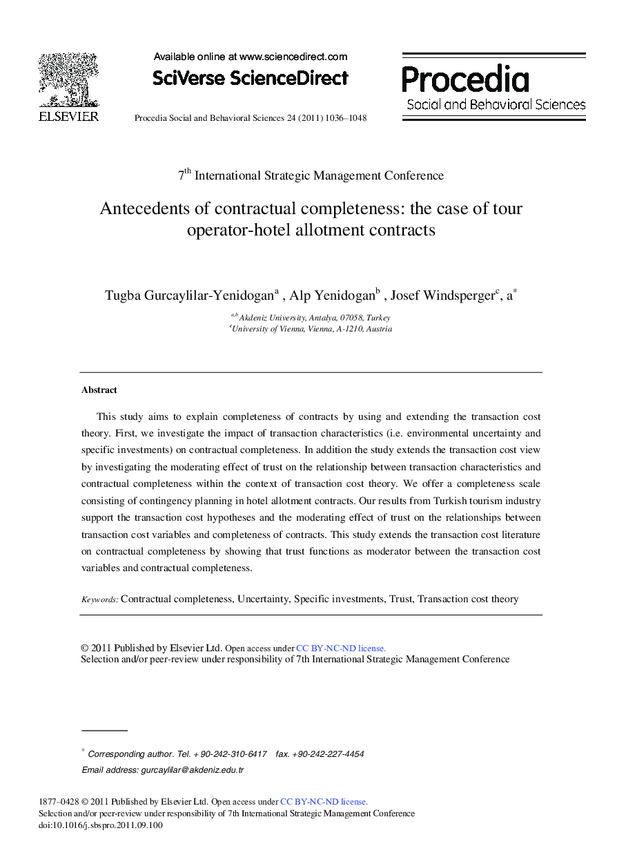 Antecedents of contractual completeness: the case of tour operator-hotel allotment contracts