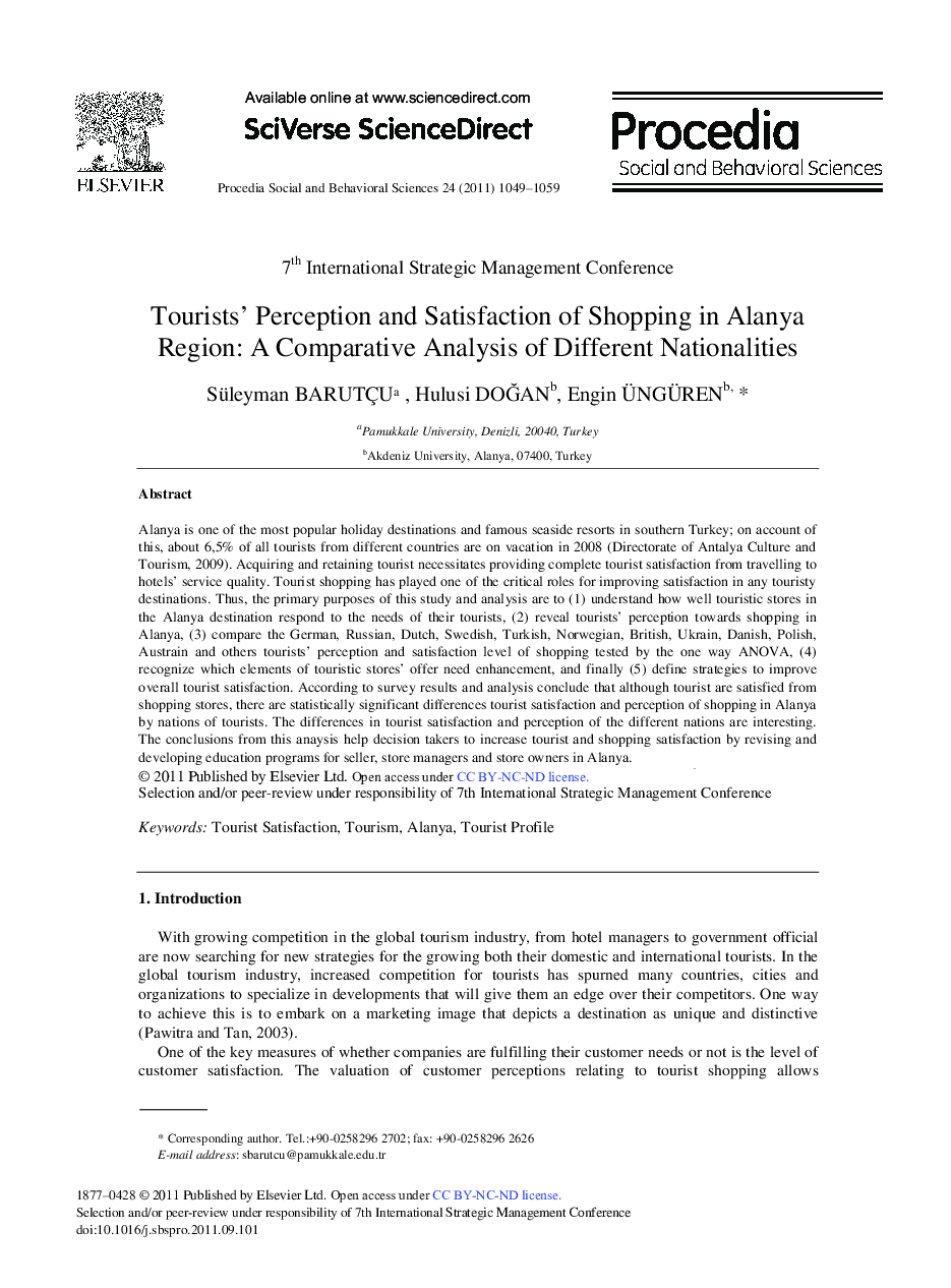 Tourists’ Perception and Satisfaction of Shopping in Alanya Region: A Comparative Analysis of Different Nationalities