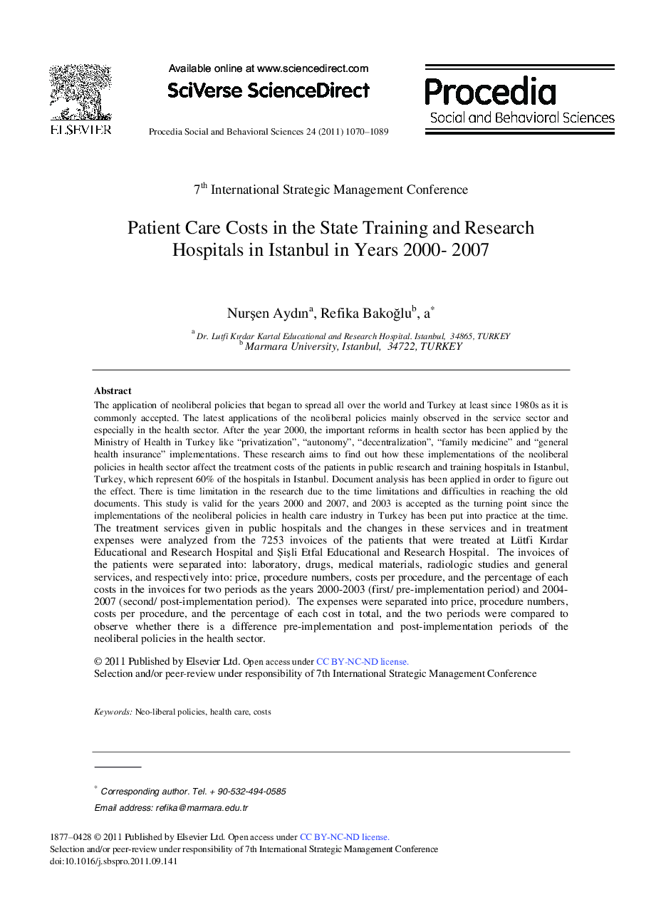 Patient Care Costs in the State Training and Research Hospitals in Istanbul in Years 2000-2007