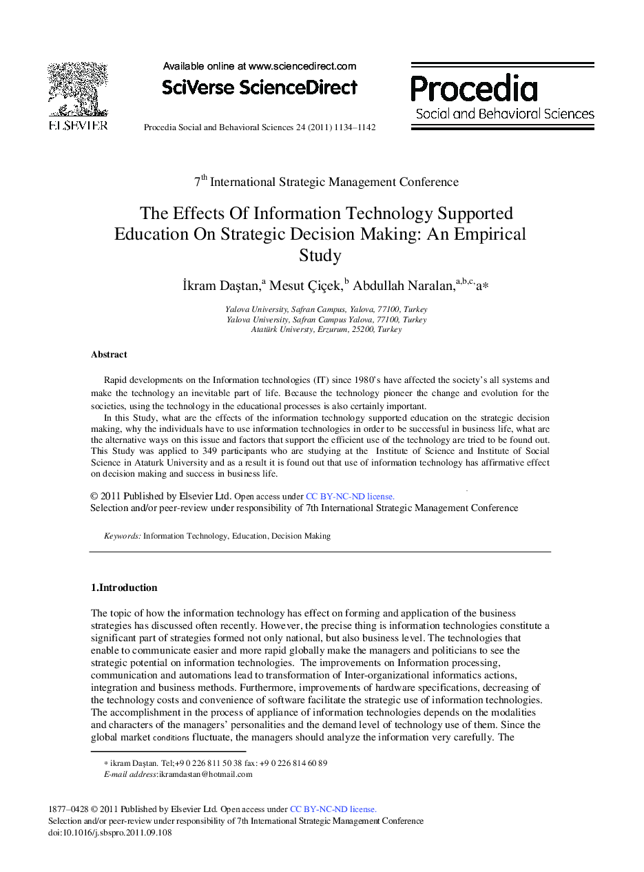 The Effects Of Information Technology Supported Education On Strategic Decision Making: An Empirical Study