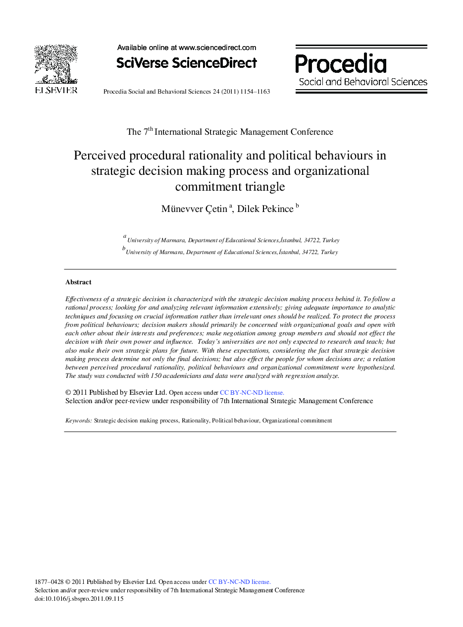 Perceived procedural rationality and political behaviours in strategic decision making process and organizational commitment triangle