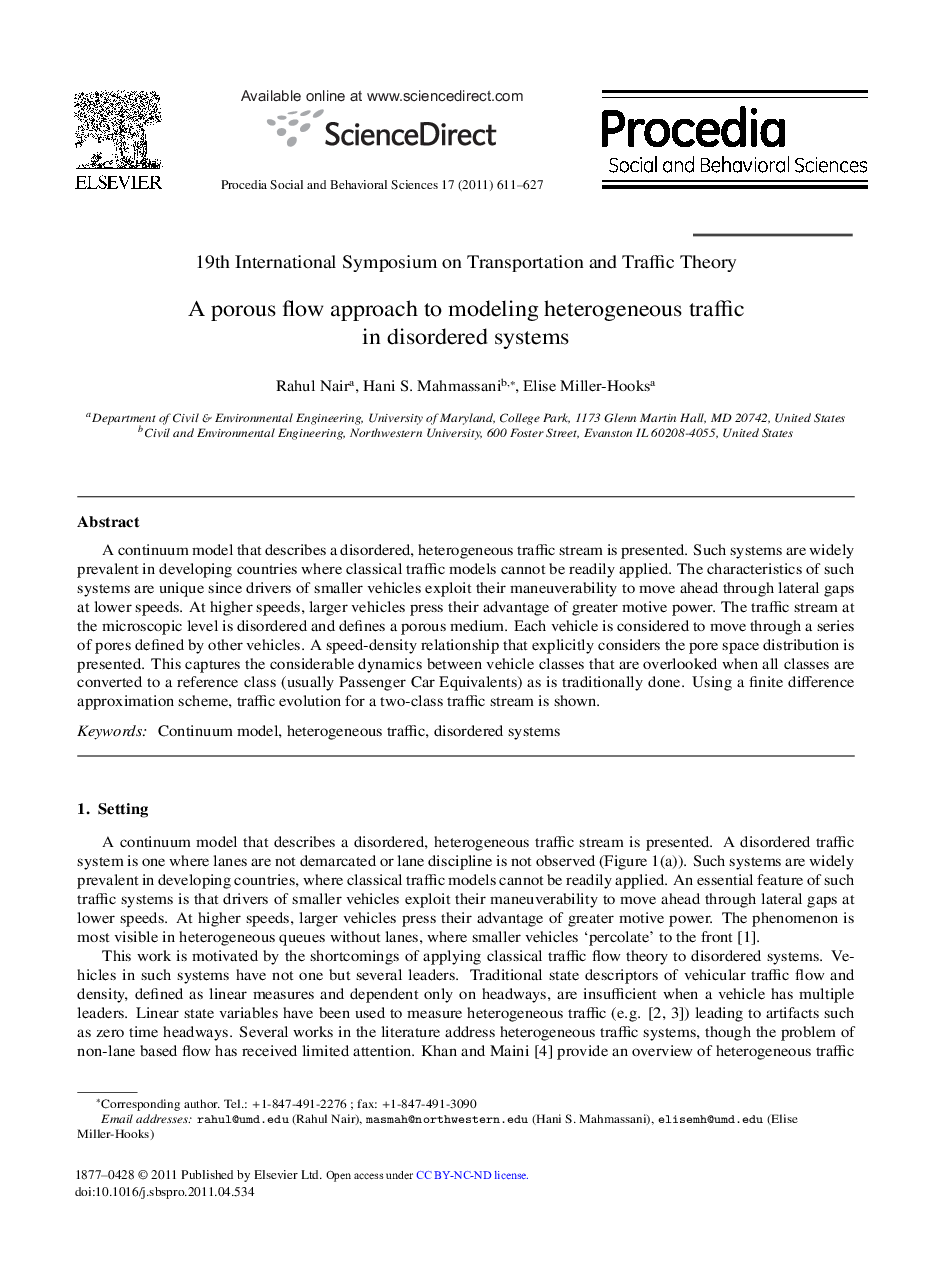 A porous flow approach to modeling heterogeneous traffic in disordered systems