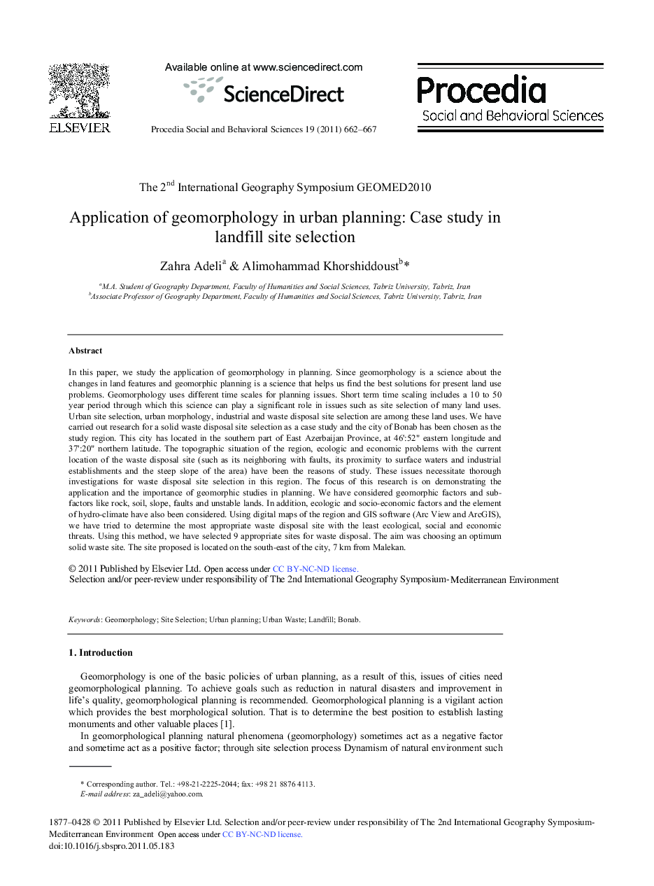 Application of geomorphology in urban planning: Case study in landfill site selection