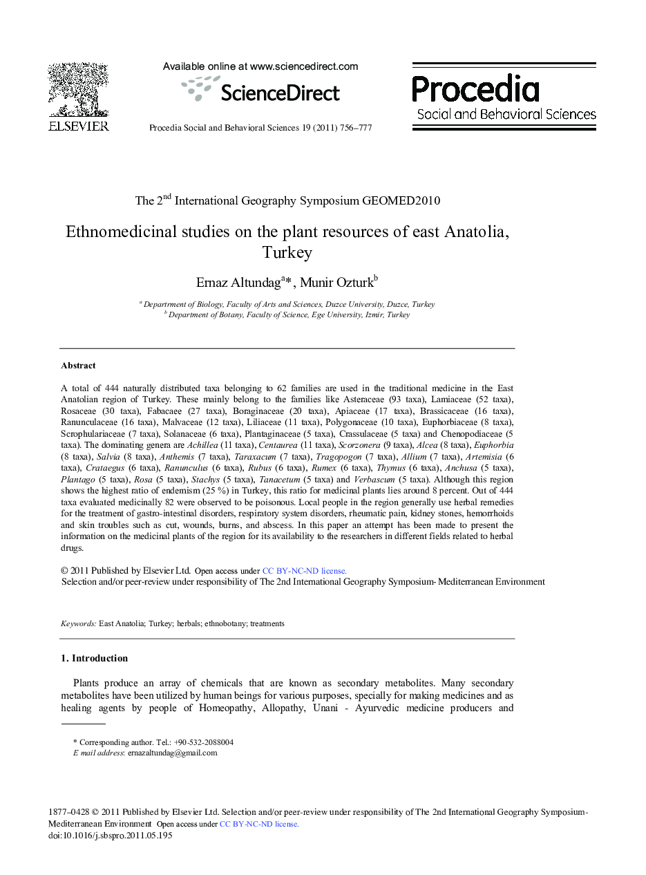 Ethnomedicinal studies on the plant resources of east Anatolia, Turkey