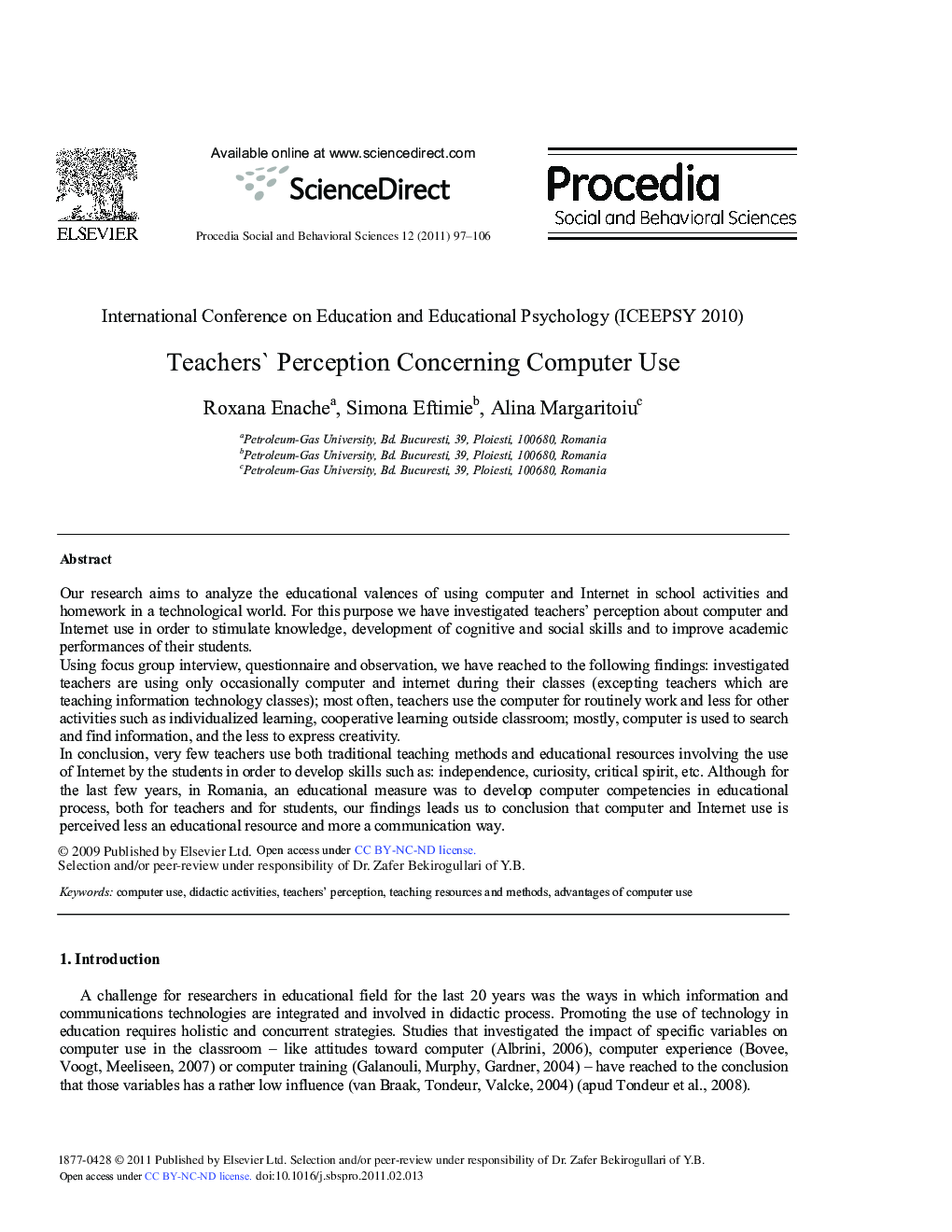 Teachers’ Perception Concerning Computer Use