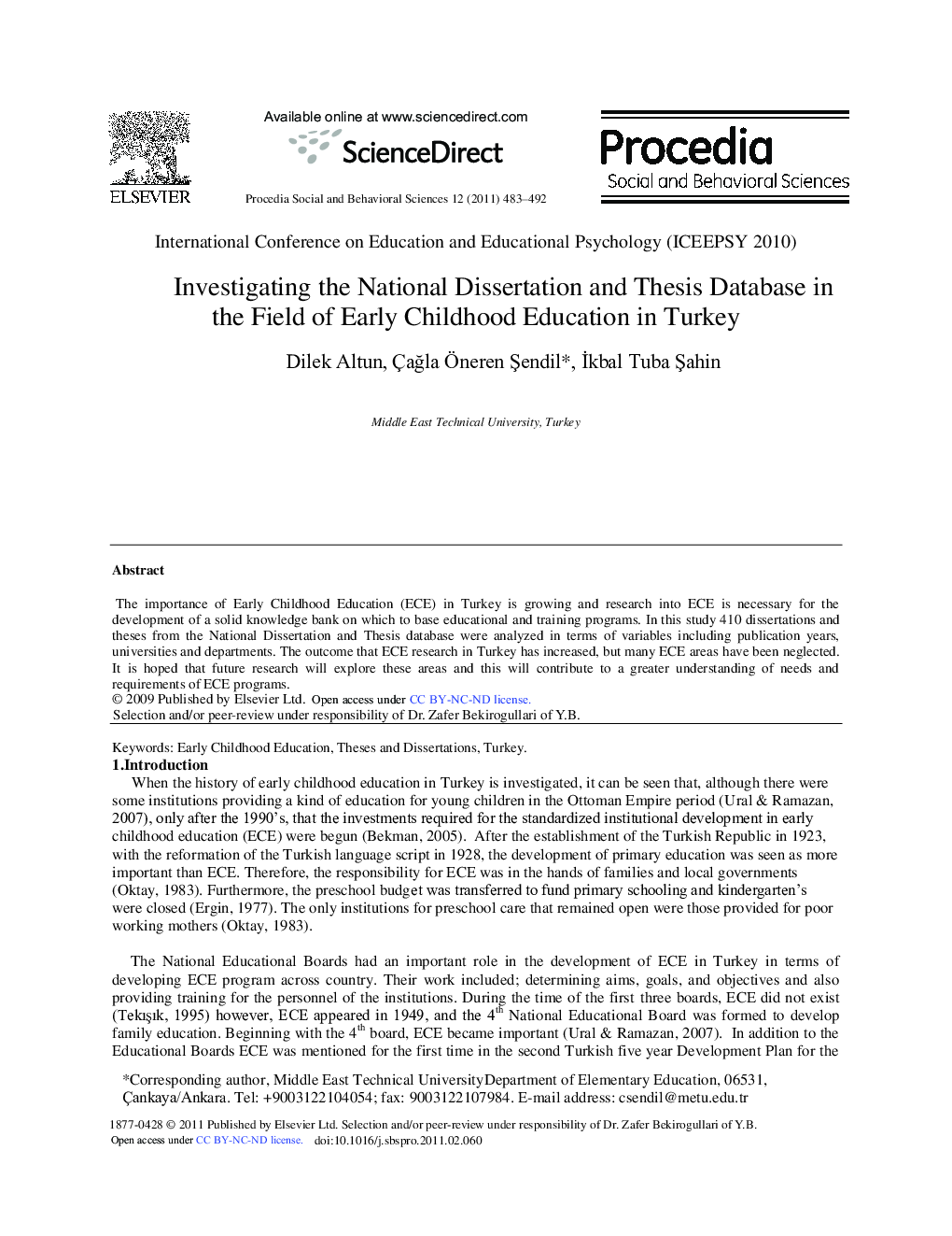 Investigating the National Dissertation and Thesis Database in the Field of Early Childhood Education in Turkey