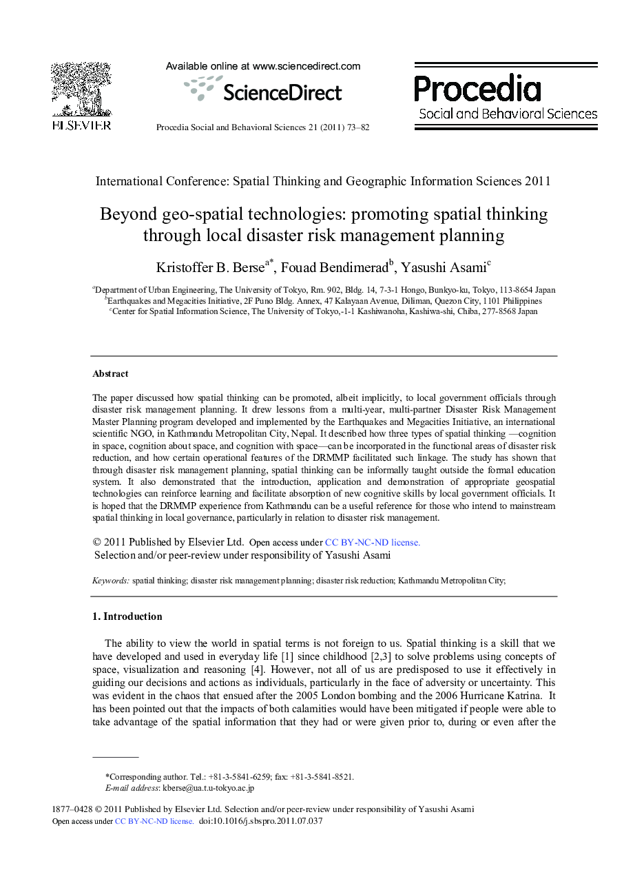 Beyond geo-spatial technologies: promoting spatial thinking through local disaster risk management planning