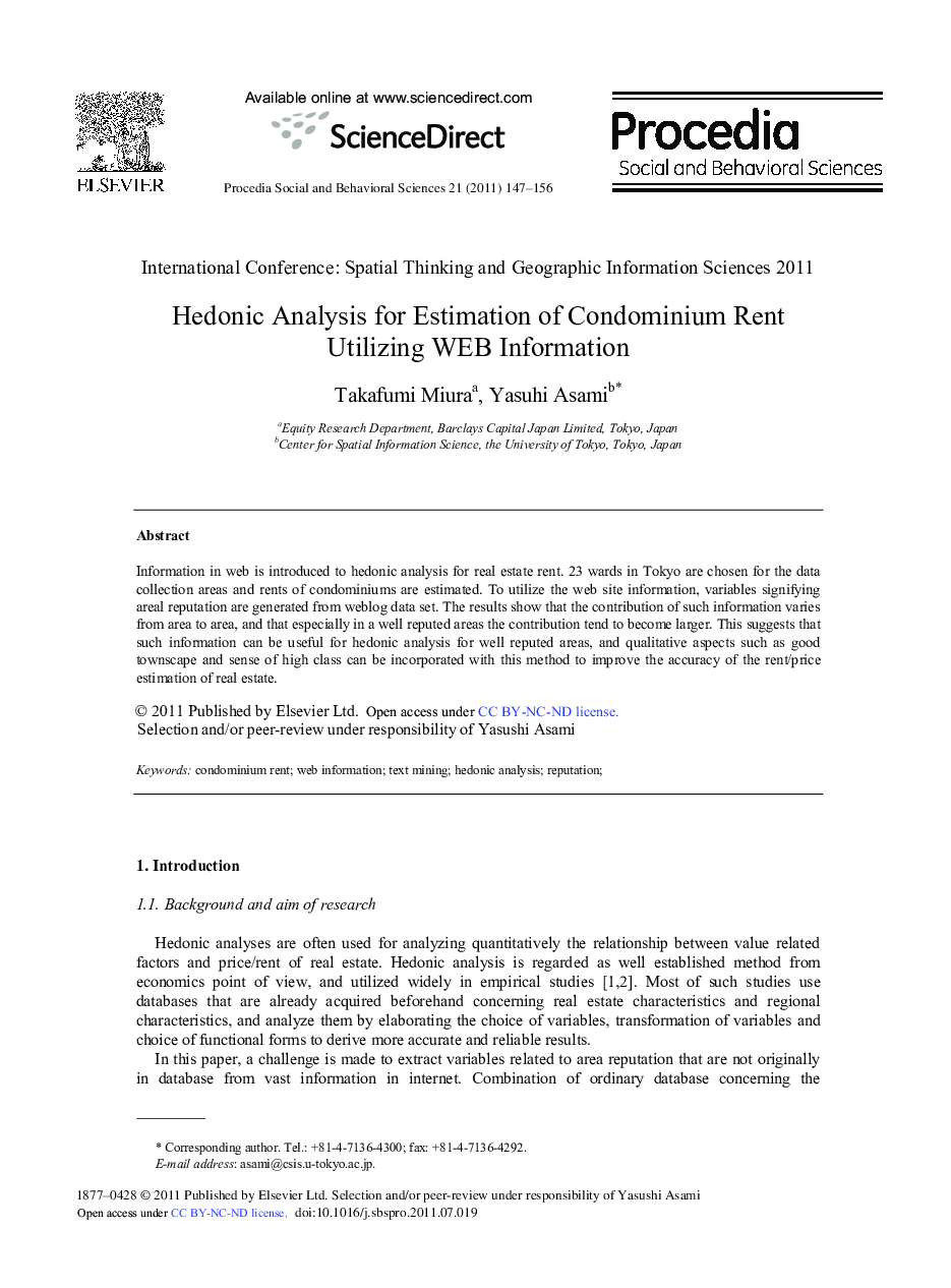 Hedonic Analysis for Estimation of Condominium Rent Utilizing WEB Information