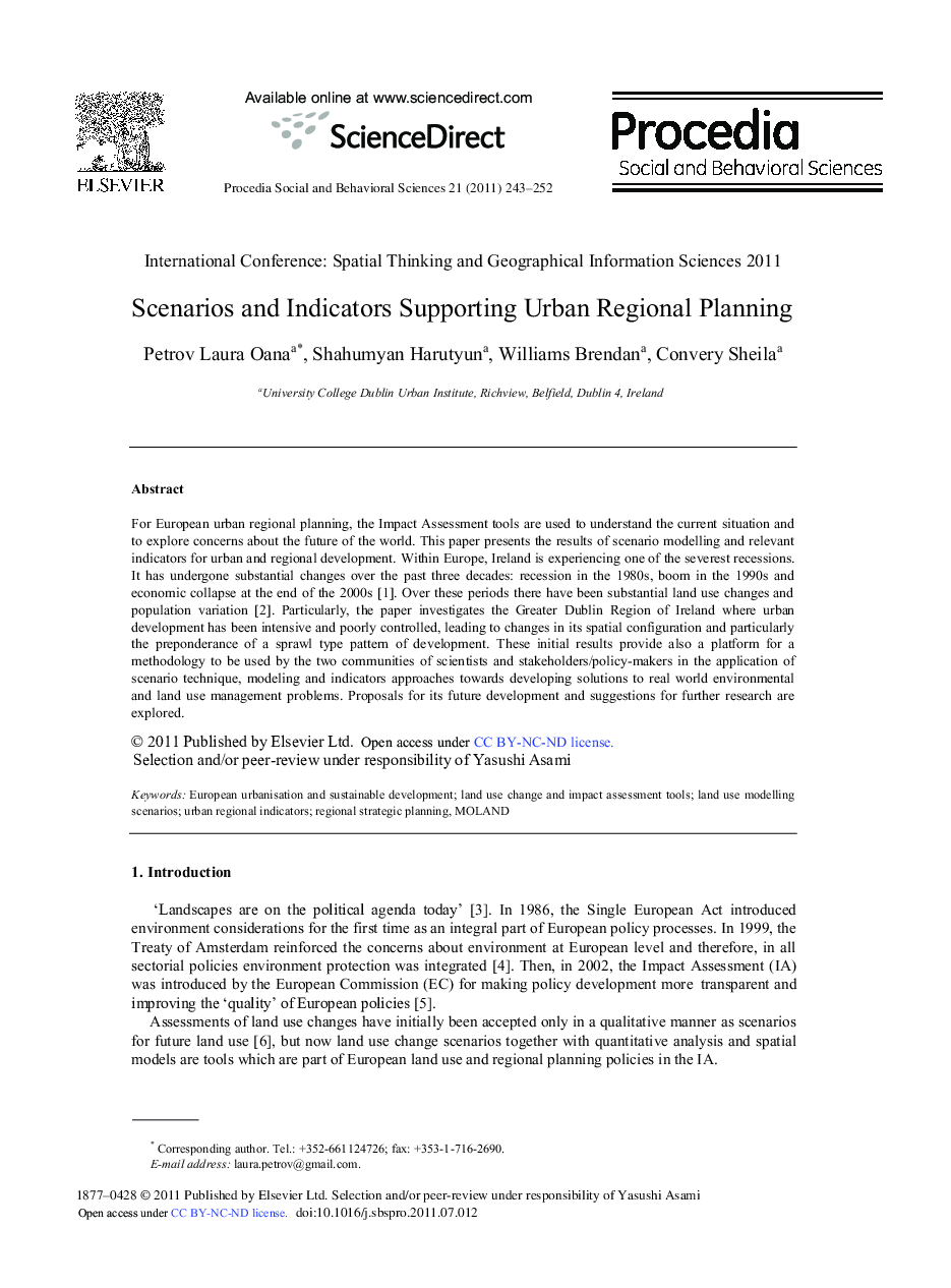 Scenarios and Indicators Supporting Urban Regional Planning