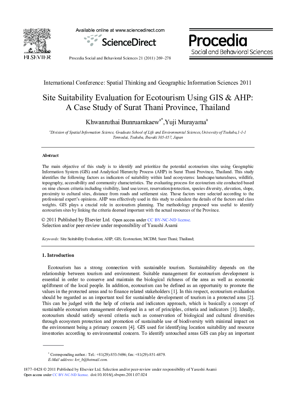 Site Suitability Evaluation for Ecotourism Using GIS & AHP: A Case Study of Surat Thani Province, Thailand