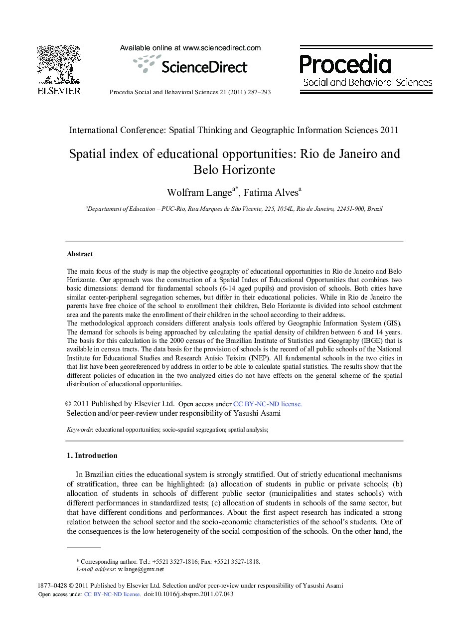 Spatial index of educational opportunities: Rio de Janeiro and Belo Horizonte