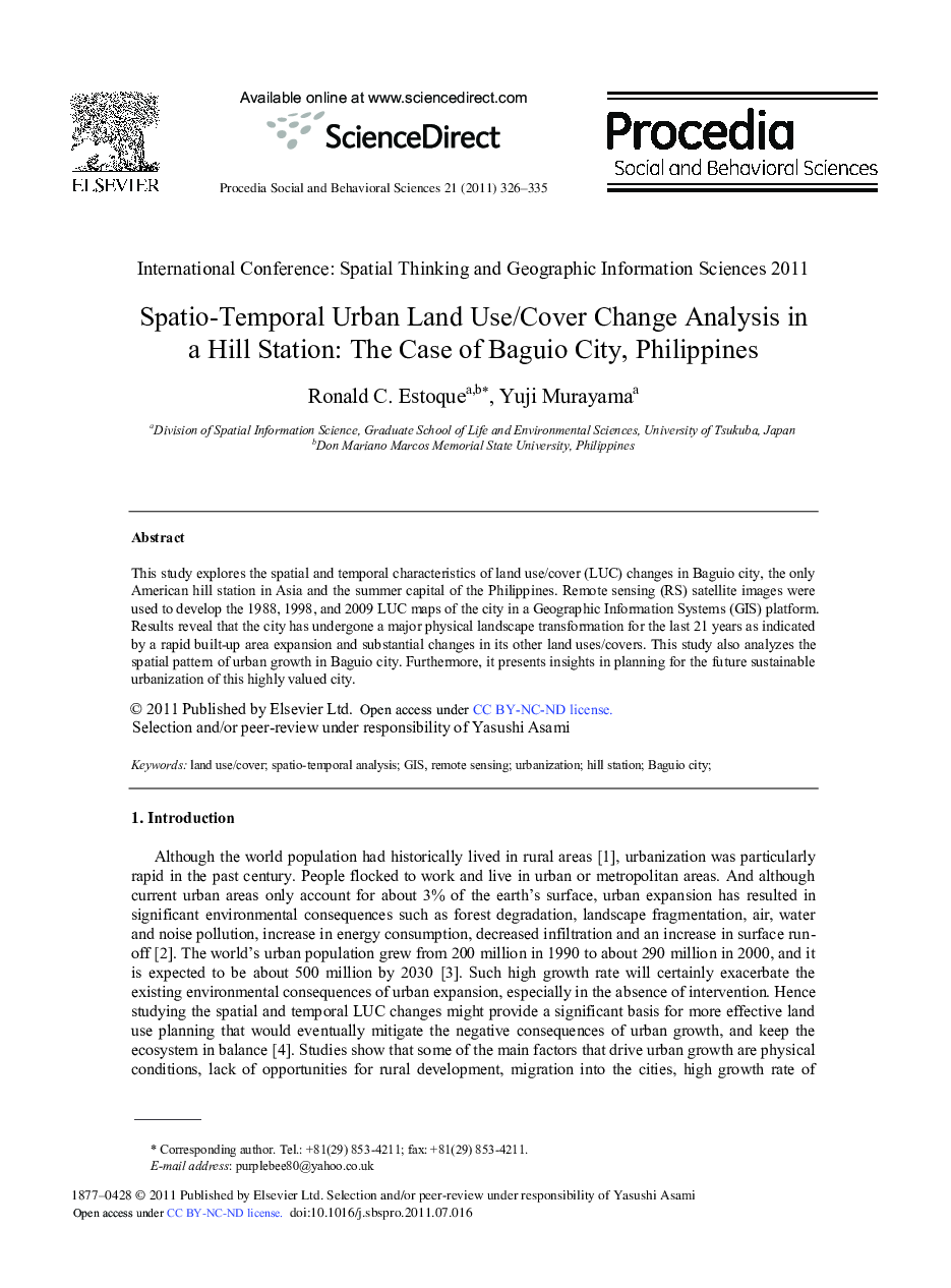 Spatio-Temporal Urban Land Use/Cover Change Analysis in a Hill Station: The Case of Baguio City, Philippines